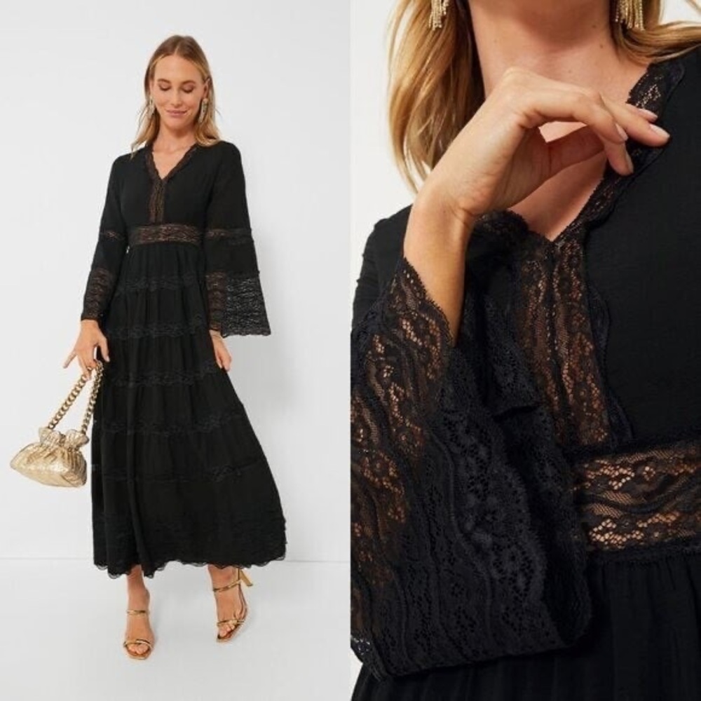 Hyacinth House‎ NEW Lydia V Neck Black Lace Tiered Elegant Maxi Dress Size S